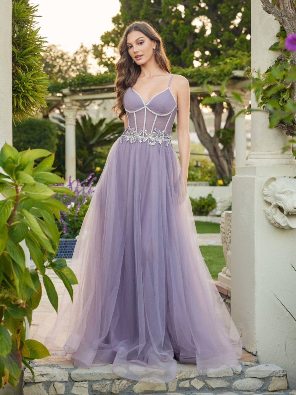 New Grey Purple Evening Long Gown W/ Sheer Boned Bodice & Lace Up Back Jt2638g